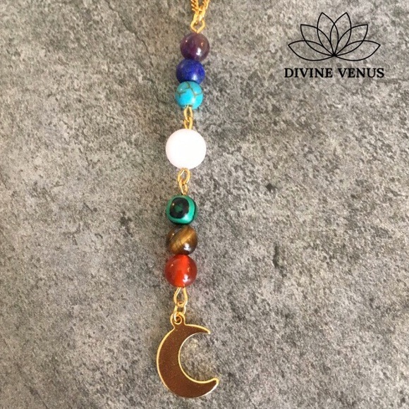 Chakra Moon Genuine Gemstones Necklace Choker - Picture 2 of 5